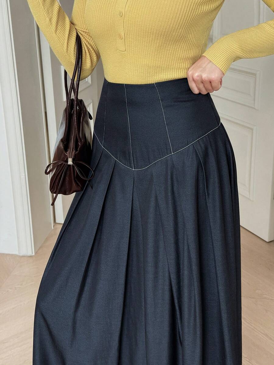 Solavon Women's Solid Color Pleated Casual Elegant Versatile Daily Work Corporate Outing Office Skirt Navy Blue Autumn - Navy Blue - View 1