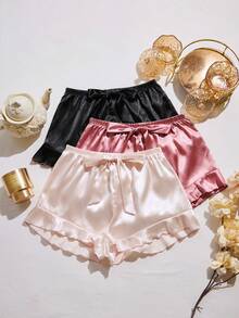 LuxeNights 3pcs/Set Satin Bow Tie Ruffle Hem Women's Loungewear Bottoms - Multicolor - View 4
