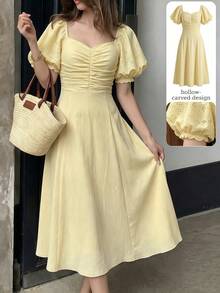 Celisse Vestido de estilo francés con textura de encaje y volantes para vacaciones de mujer - Azul Agua - Ver 8