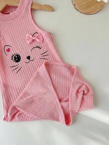 SHEIN LMoss Kids LMoss 青少女可愛貓咪印花無袖休閒兩件式洋裝套裝 - 彩色 - 查看 4