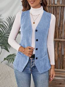 EMERY ROSE Plus Size Women's Solid Color Single Breasted Casual Versatile Daily Travel Vest Jacket - Blue - View 5