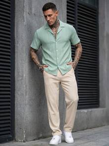 Manfinity CasualCool Men's Solid Color Simple Short Sleeve Shirt And Shorts Set For Daily Wear Mint Green Men Outfit Two Pieces Summer Stripe Button Up Set... - Multicolor - View 6