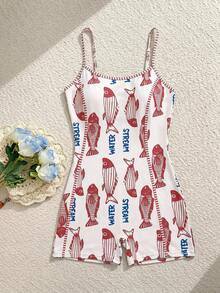 Swim SPRTY 2026 Spring/Summer New Off-White Fun Fish Stripe Patchwork Print Sports Tropical Vacation Beach Seaside Casual Women's One-Piece - Multicolor - View 6