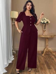 Auvina Camisa feminina casual elegante com gola quadrada, preta pura, chique, para deslocamento diário, jaqueta + cintura marcada, design solto, calças longas e retas, terno casual da moda, calças largas de alta qualidade - Borgonha - Ver 3
