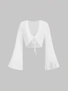 SHEIN MOD Áo thun tay chuông cổ chữ V buộc phía trước đa năng - trắng - Xem 3