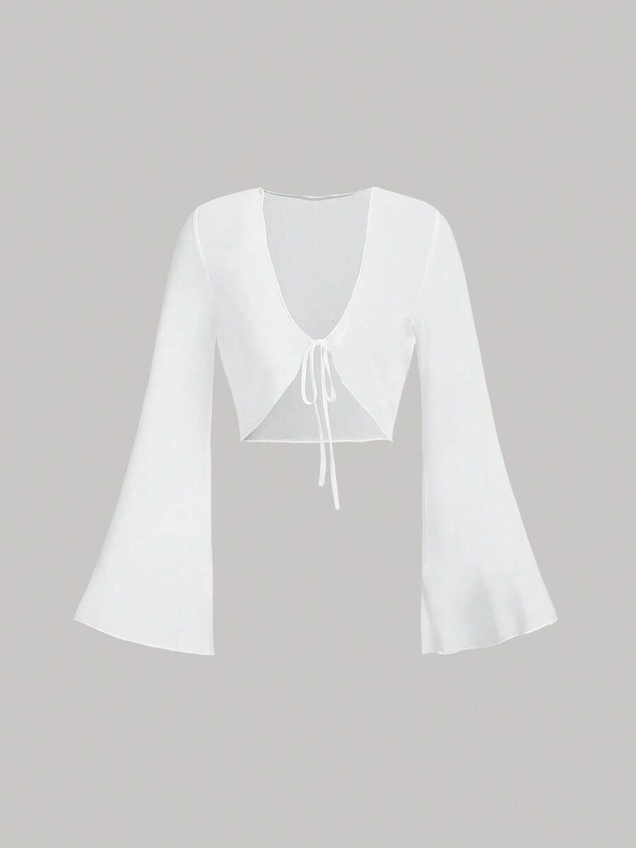 SHEIN MOD V 领系带喇叭袖百搭上衣 - 白色 - 查看 1