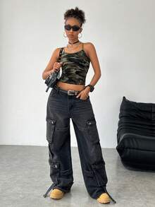 Coolane 女款 Y2K 街頭風時尚迷彩印花背心上衣 - 軍綠色 - 查看 3