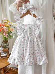 SHEIN Mädchen Sommer Frisches Ditsy Blumen Muster Trägerkleid, Rüschen Design mit flatternden Ärmeln, süßer Stil Baby Mädchen Prinzessinnenkleid, Baby Reise Urlaub Feenkleid - Verschiedenfarbig - Übersicht 3