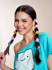 ADVENTURE TIME X SHEIN 10入組可愛卡通糖果色髮圈，女性髮繩，彈性不傷髮橡皮筋，綁髮馬尾造型，綠色、粉色、黃色、白色、紫色 - 彩色 - 查看 5