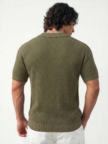 Ironwick Men's Solid Color Button Front Short Sleeve Casual Knitted Top - Dark Green - View 2