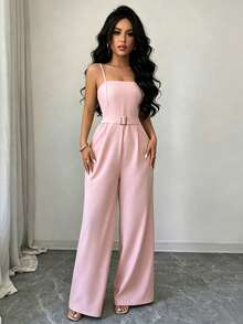 SHEIN Raffinéa 女款優雅成熟純色嬰兒粉披肩連身褲，秋冬通勤晚餐派對婚禮節慶返校出街穿搭 - 粉色 - 查看 4
