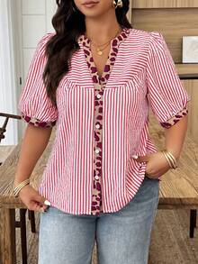 Weeklong Plus Size Women's Spring/Summer Notch Neck Striped Patchwork Leopard Print Casual Vacation Shirt - Multicolor - View 3