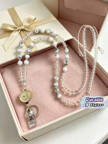 1pc Natural Stone Beads Retractable Badge Reel Lanyard Id Card Holders Necklaces Chain Keychain Clip For Women Men Employee Wholesal - multicolor - View 1