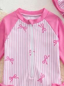 SHEIN Baby Girl Color Block Patchwork Striped Bow Print One-Piece Swimsuit - Pink - View 3