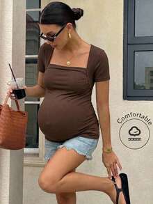 SHEIN Maternity Casual Solid Color Square Neck Fitted Short Sleeve T-Shirt, Summer - Brown - View 1