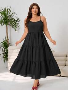Solflare Vestido camisola de talla grande para mujer de unicolor con rayas verticales, espalda descubierta, tirantes con lazo y dobladillo con volantes multicapa - Negro - Ver 2