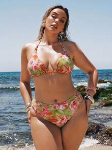 SHEIN BAE CURVE Bikini Motif Liburan Pantai Musim Panas dengan Gesper Logam untuk Wanita, Pakaian Pantai - MultiWarna - View 2