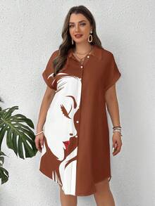 SHEIN LUNE Shirt Style Portrait Red Lips Side Profile Button Short Sleeve Collar Contrast Color Plus Size Dress - Brown - View 4