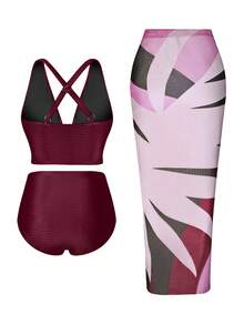 Swim Oasis Bộ bikini màu trơn cỡ lớn có áo ngực, quần bơi & váy buộc vạt cho kỳ nghỉ ở bãi biển, 3 chiếc, bãi biển mùa hè - Màu tím - Xem 3