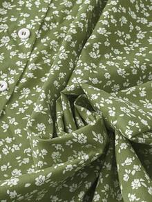 SHEIN LUNE 大尺碼女款新年度假休閒前開扣碎花印花長裙 - 綠色 - 查看 5