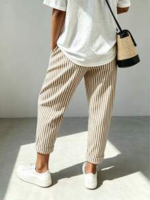 SHEIN Holidaya Women's Casual Commuter Striped Long Pants - Khaki - View 2