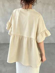 FRIFUL Camiseta holgada de cuello redondo con puños de volantes para mujer, para vacaciones de verano - Albaricoque - Ver 5