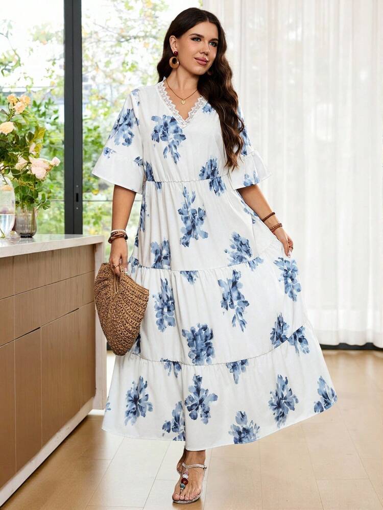 Plus Size Women Summer Casual Vacation Country Deep V-Neck Ruffle Sleeve Multi-Tiered Hem Floral Print Long Dress, Country Concert Outfit,Festival Outfits For Women,Festa Junina,Flowy Dress,Boho Dress