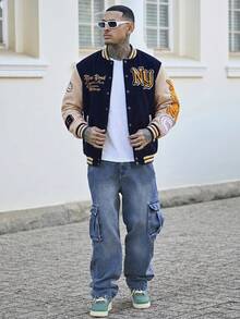 Devon Thys Aesthetic Post--Men's Solid Color Patchwork Front Button Letter Print Casual Baseball Jacket, Going Out Street Wear Long Sleeve Rave Color Block Jacket, For Friends, Husband, Boyfriend Gifts, For Fall - Multicolor - View 5