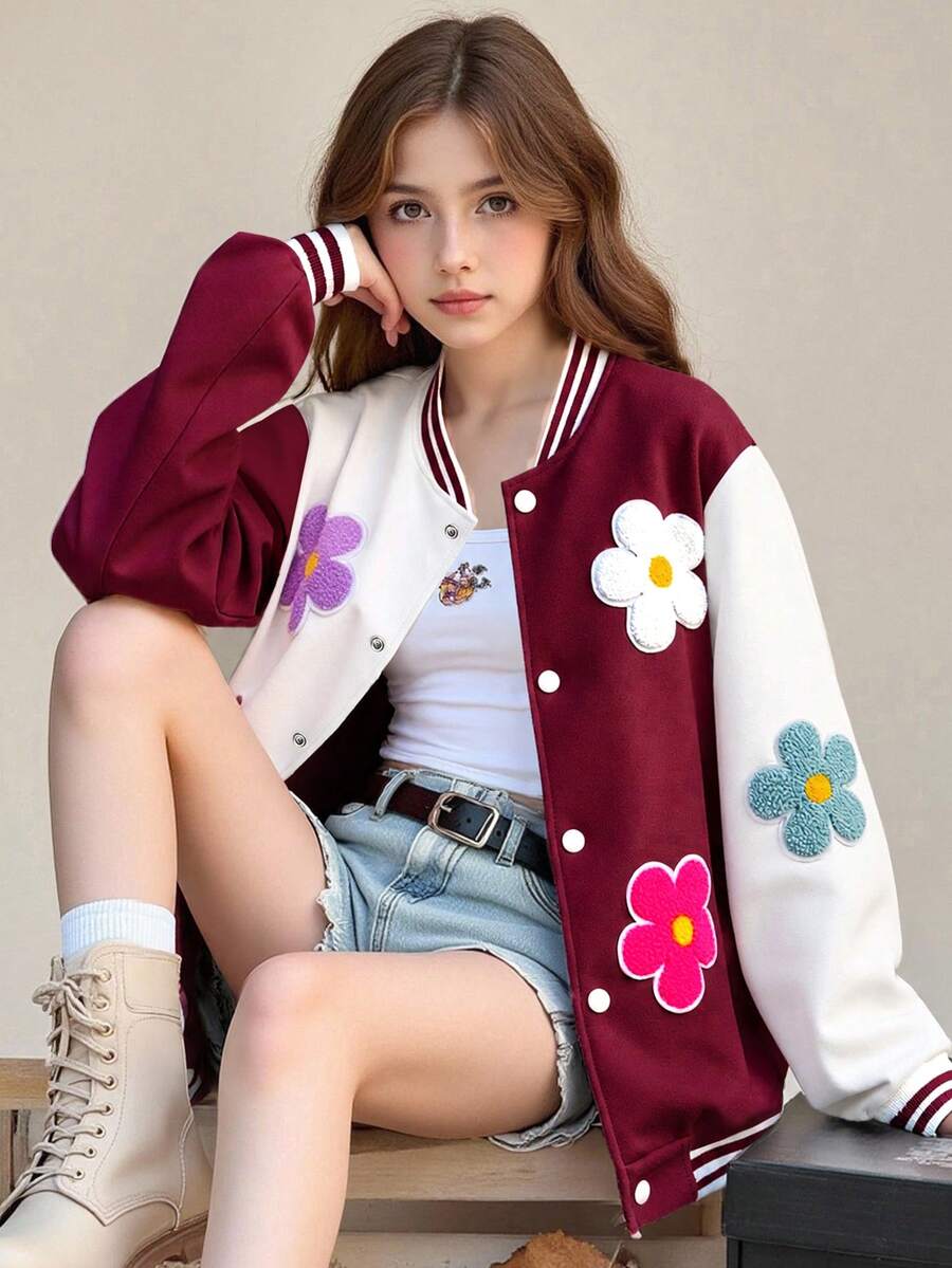 SHEIN 女童休閒時尚春/秋季多彩3D花卉撞色棒球夾克外套 - 酒紅色 - 查看 1