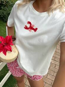 INAWLY 女士休闲圆领龙虾图案短袖T恤，日常百搭 - 白色 - 查看 5