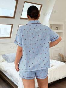 Napfluff CURVE Napfluff CURVE Pink Plaid Cherry Print Lapel Front Opening Short Sleeve Plus Size Pajama Set - Baby Blue - View 3