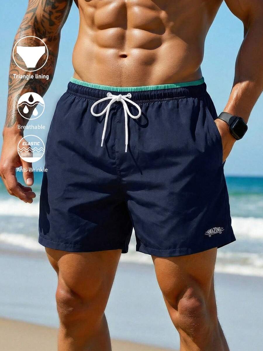 ZELFYO Pantalones cortos de playa para hombre con cordón en la cintura, patrón de letras y bloques de color para vacaciones de verano - Azul Marino - Ver 1