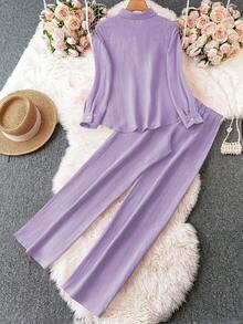 GlowEve Camisa de botones delanteros y pantalones de un solo color - Morado - Ver 2