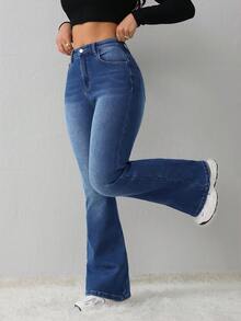 SHEIN Tall 女款鈕扣半開襟口袋修身百搭喇叭牛仔褲，適合高個女性 - 中等水洗藍 - 查看 3