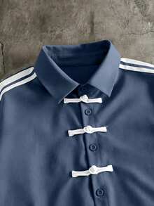 AXEPEAK Men's Contrast Color Patchwork Fashion Short Sleeve Shirt With Collar - Blue - View 5