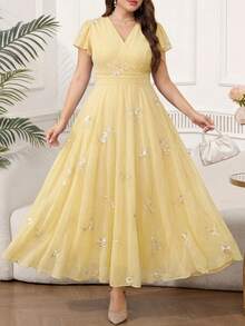 Reflora Gaun Elegan Wanita Ukuran Besar dengan Motif Bunga Besar, Gaun Tamu Pernikahan Musim Panas - Kuning - View 6