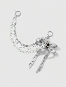 ROMWE Goth 1 Y2k Retro Punk Silver Leather Rivet Bow Star Imitation Crystal Beaded Chain DIY Bag Pendant Keychain, Daily Wear By Girls And Ladies - Silver - View 8