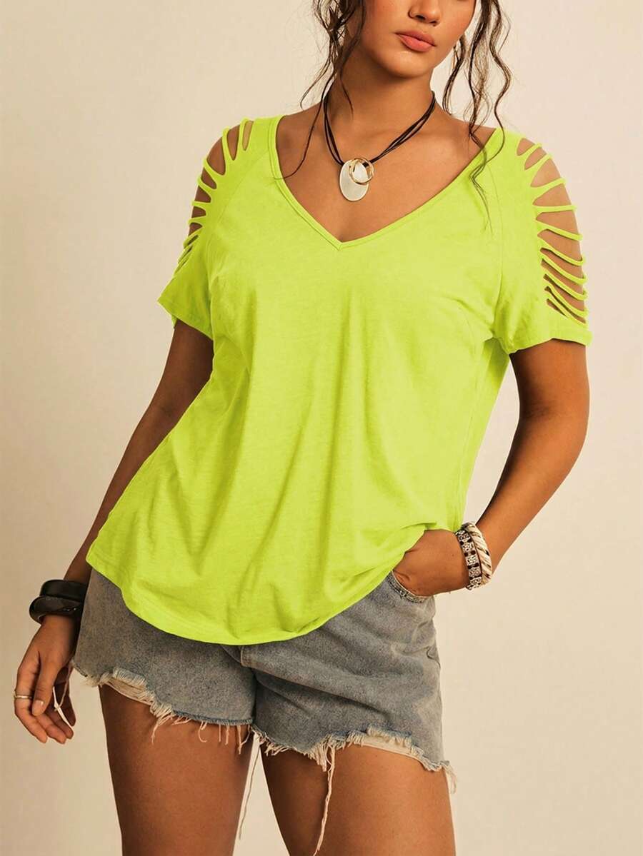 Freevana Women's Plus Size Summer Casual Solid Color Hollow Out Short Sleeve T-Shirt Vacation Neon Green