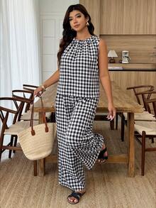 Weeklong Spring Summer New Arrival Plus Size Women's Black & White Gingham Textured Round Neck Drawstring Sleeveless Top + High-Waist Wide Leg Pants Sets, For Daily & Travel Wear - Multicolor - View 6