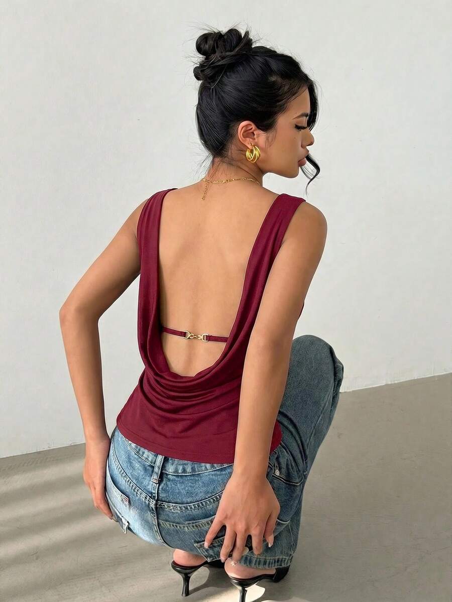 Siren Gaze Women's Summer Sexy Solid Color Backless Sleeveless T-Shirt - Burgundy - View 1