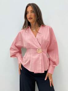 Siren Gaze Women's Lapel Long Sleeve Waist-Cinched Metal Buckle Decor Pink Shirt For Commute And Daily Wear - Pink - View 4