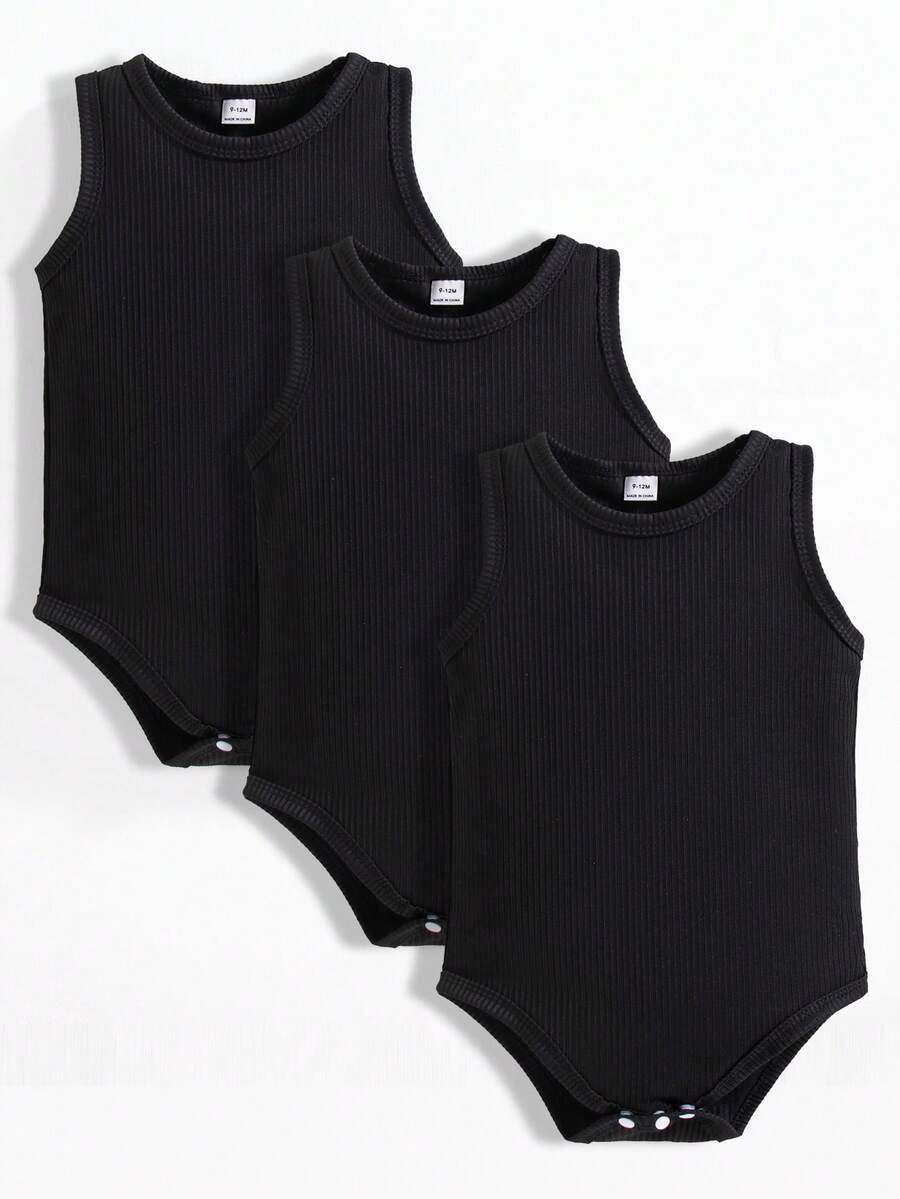 SHEIN Playful Pals 3pcs Baby Boy Casual Solid Color Round Neck Vest & Pants Set, Summer - Black - View 1