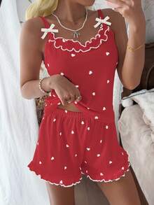 CottageSlumber Conjunto de pijama de camisola y shorts de terciopelo acanalado para mujer con ribete de volantes, pequeños lazos y diseño romántico de corazón - Rojo - Ver 1