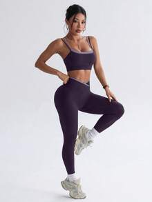 SHEIN Sports 無縫高彈性女款健身休閒日常運動收腰提臀套裝 - 紫色 - 查看 5