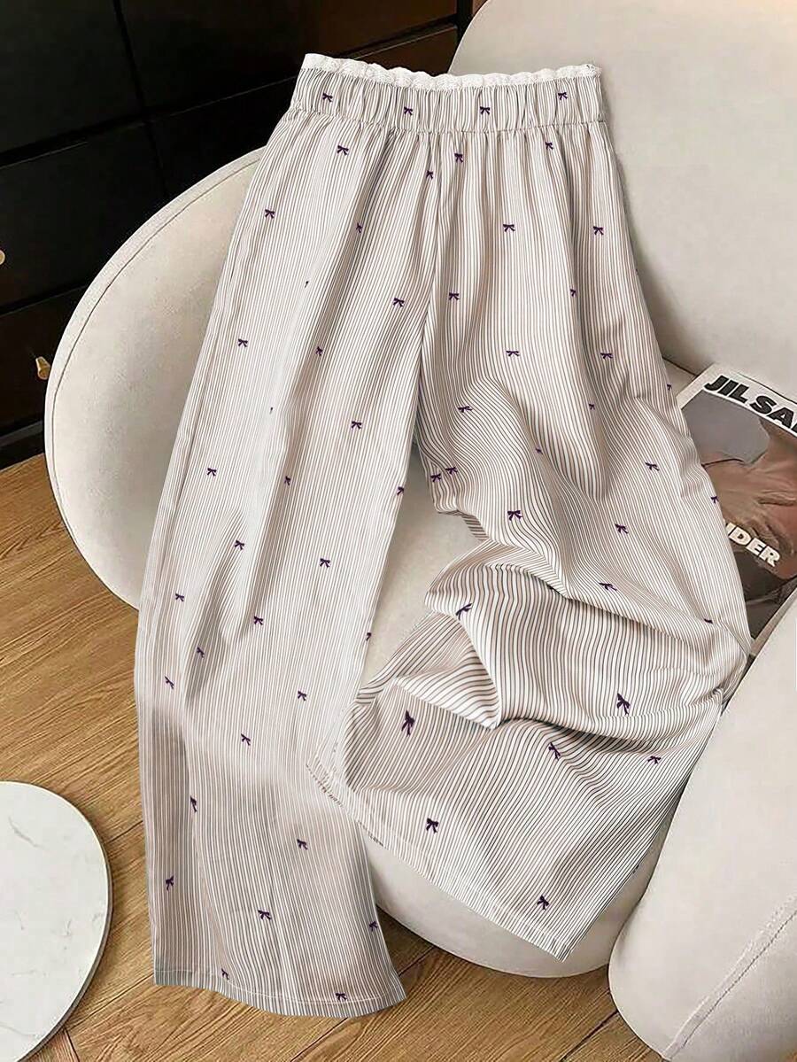 GlowEve 女士宽松休闲蝴蝶结条纹蕾丝腰直筒阔腿裤秋季女装 - 彩色 - 查看 1