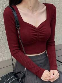DAZY Women's Solid Color Sweetheart Neck Ruched Fitted Long Sleeve T-Shirt - Burgundy - View 6