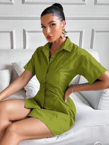 Aveloria Modichic 夏季純色優雅短袖摺領女裝洋裝 - 軍綠色 - 查看 5