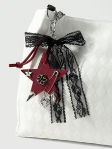ROMWE Goth 1個Y2K龐克哥德風黑紅皮革鉚釘星星愛心十字針頭骷髏棺材蕾絲蝴蝶結DIY鑰匙圈包包吊飾，女款日常配戴節日禮物 - 黑紅色-63 - 查看 4