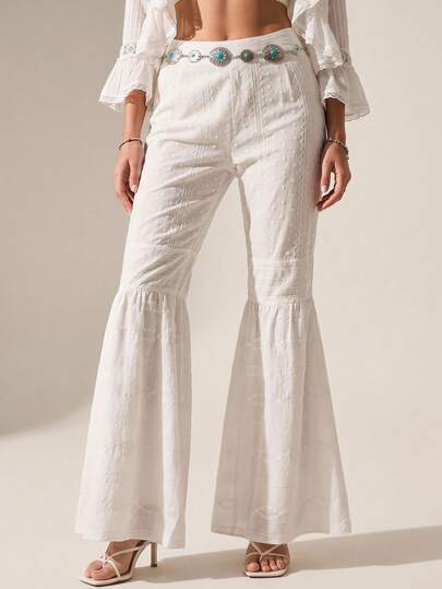 Willow Rêve Pantalones acampanados de mujer con estampado jacquard blanco, estilo bohemio, con vibra romántica de vacaciones