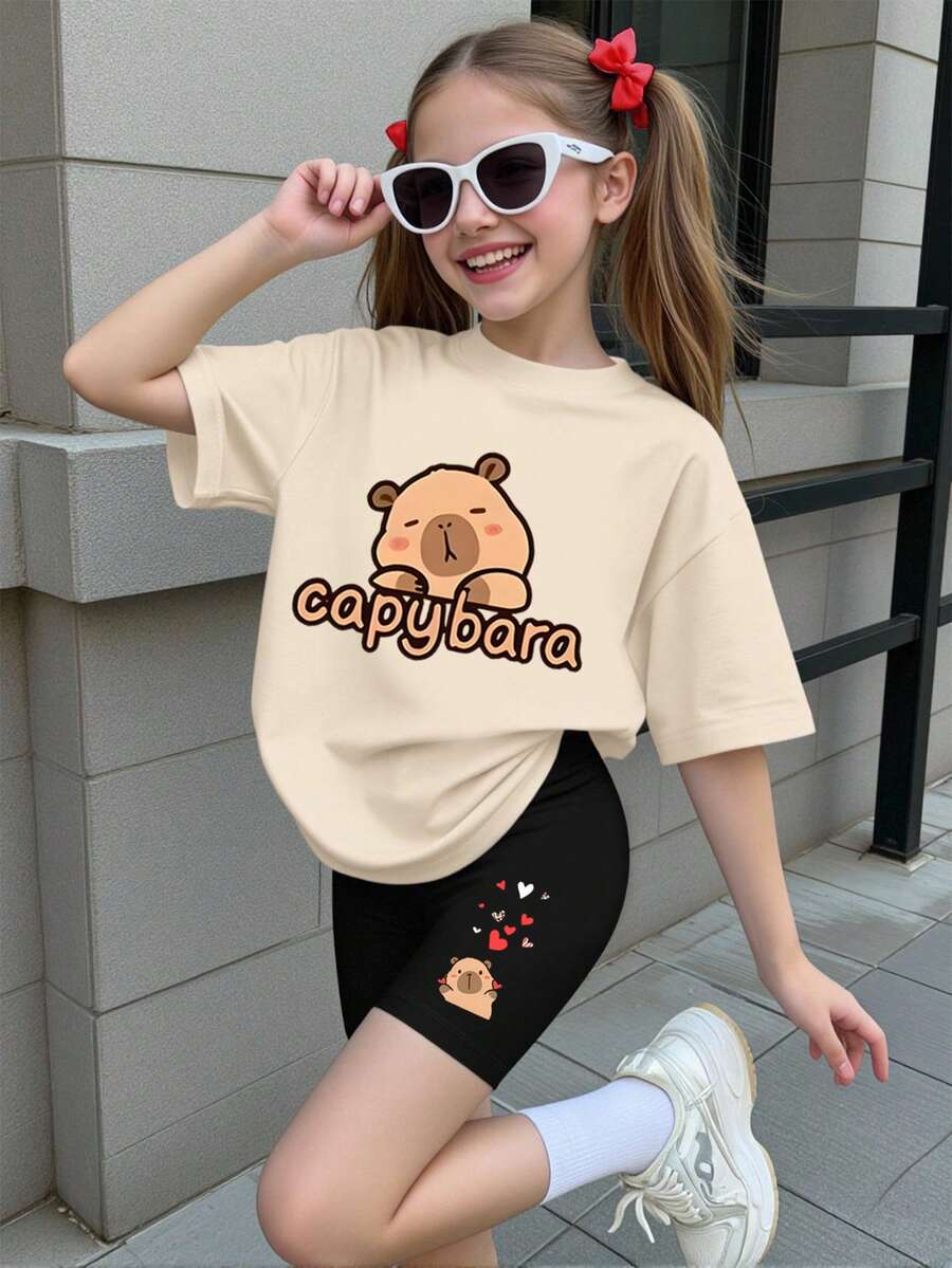 Tween Girl Cute Cartoon Graphic Print Crew Neck Short Sleeve T-Shirt And Fitted Shorts Set, Suitable For Back To School, Friends Brunch Gatherings - Multicolor - View 1